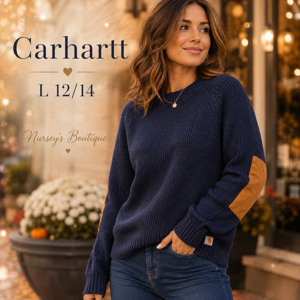 Carhartt Women’s L 12/14 Navy Chunky Knit Sweater Tan Elbow Patches 103932